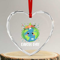Happy Earth Day Heart Crystal Glass Ornament Cute Earth With Floral - Wonder Print Shop