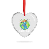Happy Earth Day Heart Crystal Glass Ornament Cute Earth With Floral - Wonder Print Shop