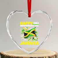 Happy Jamaican Independence Day 1962 Graphic Heart Crystal Glass Ornament Jamaica Waving Flag and Palm Trees Caribbean Pride