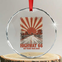 Highway 66 Main Street of America Sunset Horizon Crystal Glass Ornament Centennial 1926-2026 Retro Desert Sunburst Graphic