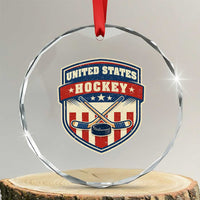 Hockey Crossed Sticks And Puck Retro USA Shield Flag Crystal Glass Ornament Red White Blue Striped Patriotic Sports Fan Pride Graphic