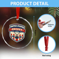 Hockey Crossed Sticks And Puck Retro USA Shield Flag Crystal Glass Ornament Red White Blue Striped Patriotic Sports Fan Pride Graphic