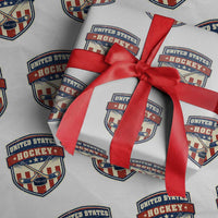 Hockey Crossed Sticks And Puck Retro USA Shield Flag Wrapping Paper Roll Red White Blue Striped Patriotic Sports Fan Pride Graphic