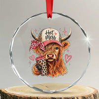 Hot Mess Highland Cow Pink Leopard Coquette Crystal Glass Ornament Cute Western Country Mom Life
