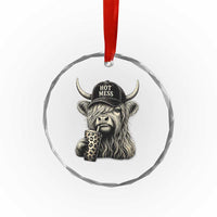 Hot Mess Highland Cow Sipping Iced Coffee Meme Crystal Glass Ornament Funny Sarcastic Everyday Life Country Western Style