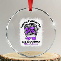 I Wear Purple For My Grandma Crystal Glass Ornament Alzheimers Awareness Messy Bun Graphic