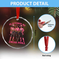 In October We Wear Pink Crystal Glass Ornament Breast Cancer Awareness Month Cowgirl Pink Ribbon - Wonder Print Shop