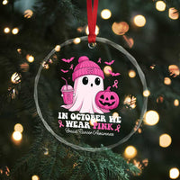 In October We Wear Pink Ghost Crystal Glass Ornament Halloween Breast Cancer Pink Ribbon Pumpkin - Wonder Print Shop