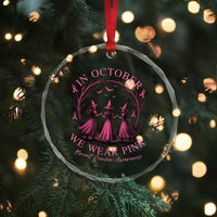 In October We Wear Pink Witches Crystal Glass Ornament Spooky Breast Cancer Witch Halloween Pink Ribbon - Wonder Print Shop