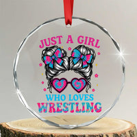 Just A Girl Who Loves Wrestling Crystal Glass Ornament Funny Wrestle Lover Wrestler Messy Bun - Wonder Print Shop