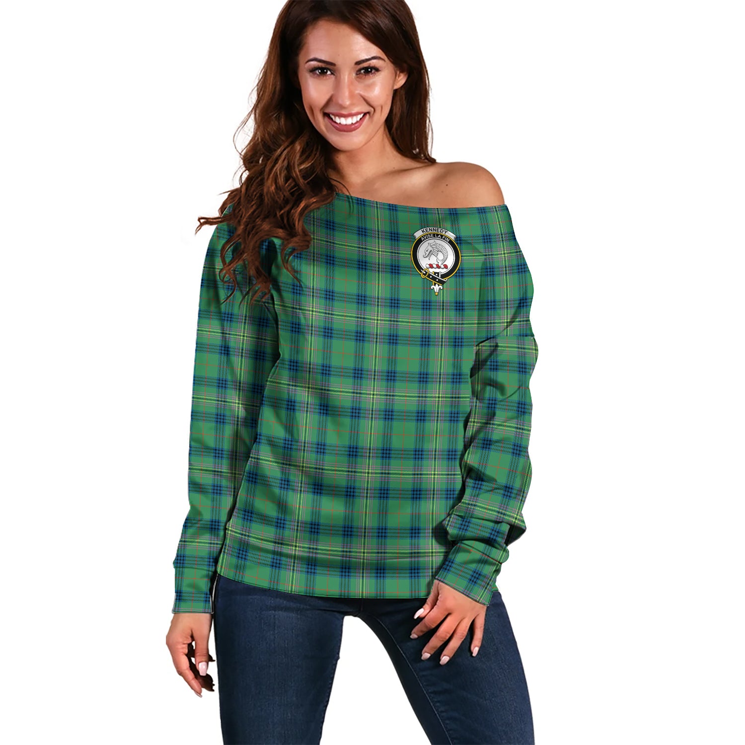 kennedy-ancient-clan-tartan-off-shoulder-sweater-family-crest-sweater-for-women
