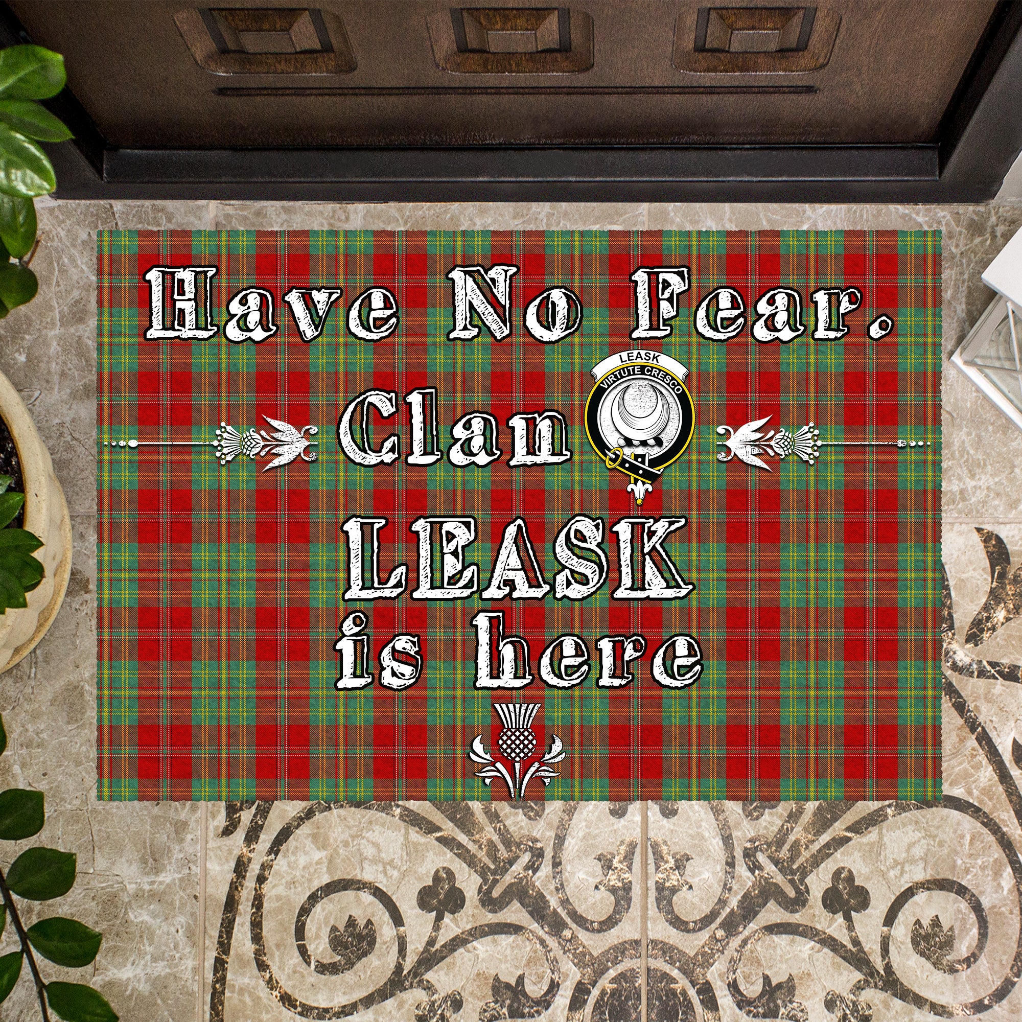 leask-clan-tartan-door-mat-family-crest-have-no-fear-tartan-door-mat