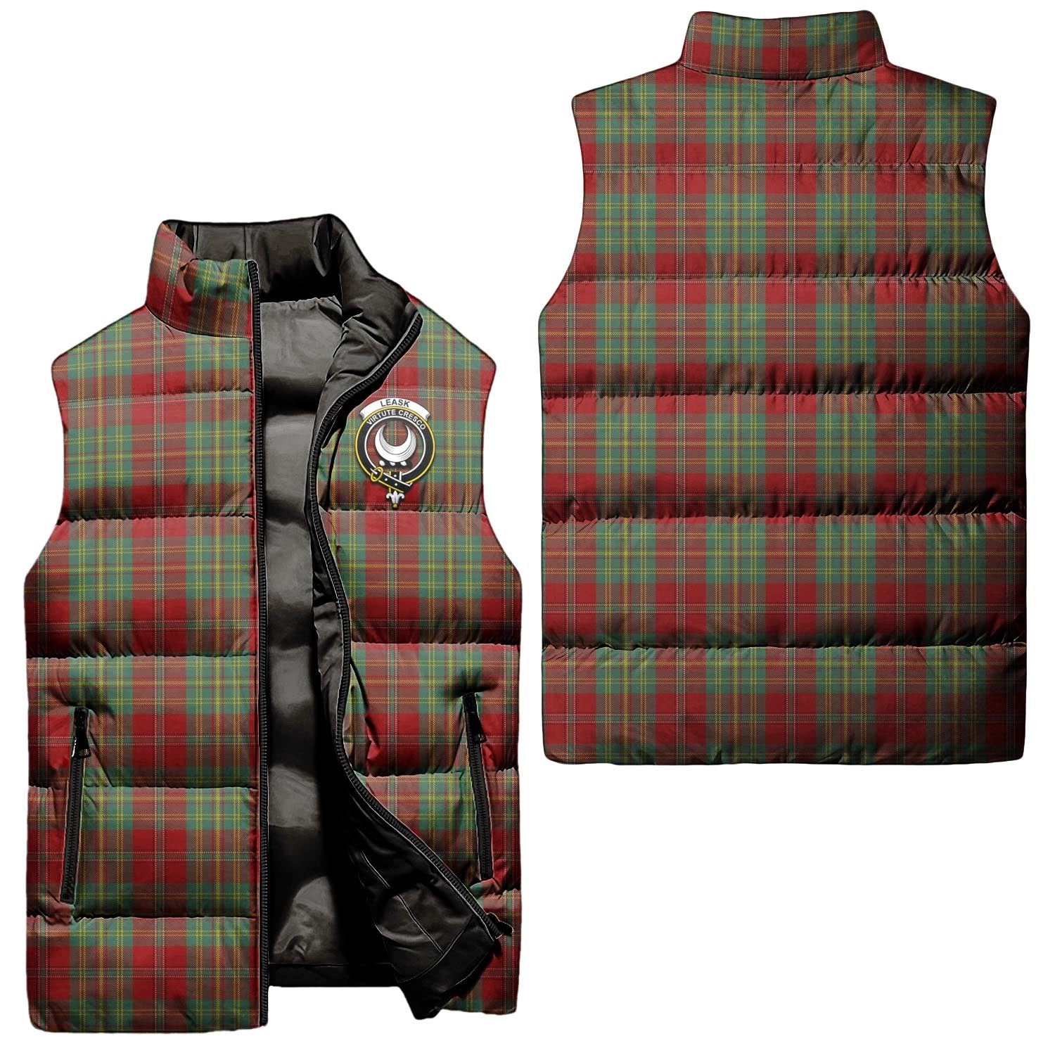 leask-clan-puffer-vest-family-crest-plaid-sleeveless-down-jacket