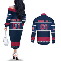 USA Hockey 2024 Couples Matching Off The Shoulder Long Sleeve Dress and Long Sleeve Button Shirt Go Team USA
