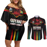 Custom Cricket Guyana Harpy Eagles Couples Matching Off Shoulder Short Dress and Long Sleeve Button Shirt Let's Go Guyana