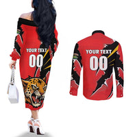 Custom Cricket Guyana Jaguars Couples Matching Off The Shoulder Long Sleeve Dress and Long Sleeve Button Shirt Go Champion
