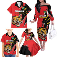 Custom Cricket Guyana Jaguars Family Matching Off The Shoulder Long Sleeve Dress and Hawaiian Shirt Go Champion