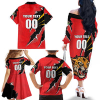 Custom Cricket Guyana Jaguars Family Matching Off The Shoulder Long Sleeve Dress and Hawaiian Shirt Go Champion