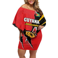Custom Cricket Guyana Jaguars Family Matching Off Shoulder Short Dress and Hawaiian Shirt Go Champion