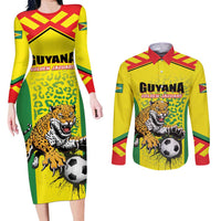 Custom Football Guyana Couples Matching Long Sleeve Bodycon Dress and Long Sleeve Button Shirt Golden Jaguars