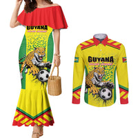 Custom Football Guyana Couples Matching Mermaid Dress and Long Sleeve Button Shirt Golden Jaguars
