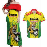 Custom Football Guyana Couples Matching Off Shoulder Maxi Dress and Hawaiian Shirt Golden Jaguars