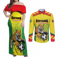 Custom Football Guyana Couples Matching Off Shoulder Maxi Dress and Long Sleeve Button Shirt Golden Jaguars