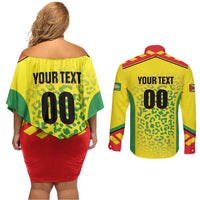 Custom Football Guyana Couples Matching Off Shoulder Short Dress and Long Sleeve Button Shirt Golden Jaguars