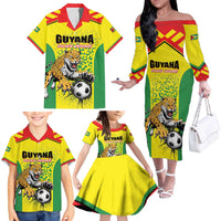 Custom Football Guyana Family Matching Off The Shoulder Long Sleeve Dress and Hawaiian Shirt Golden Jaguars