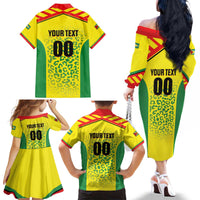 Custom Football Guyana Family Matching Off The Shoulder Long Sleeve Dress and Hawaiian Shirt Golden Jaguars