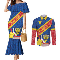 Congo DR Couples Matching Mermaid Dress and Long Sleeve Button Shirt Coat Of Arms Leopard Pattern