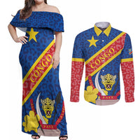 Congo DR Couples Matching Off Shoulder Maxi Dress and Long Sleeve Button Shirt Coat Of Arms Leopard Pattern - Wonder Print Shop