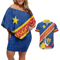 Congo DR Couples Matching Off Shoulder Short Dress and Hawaiian Shirt Coat Of Arms Leopard Pattern - Wonder Print Shop