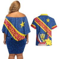 Congo DR Couples Matching Off Shoulder Short Dress and Hawaiian Shirt Coat Of Arms Leopard Pattern - Wonder Print Shop
