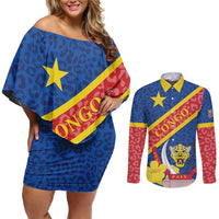 Congo DR Couples Matching Off Shoulder Short Dress and Long Sleeve Button Shirt Coat Of Arms Leopard Pattern - Wonder Print Shop