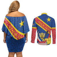 Congo DR Couples Matching Off Shoulder Short Dress and Long Sleeve Button Shirt Coat Of Arms Leopard Pattern - Wonder Print Shop