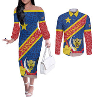 Congo DR Couples Matching Off The Shoulder Long Sleeve Dress and Long Sleeve Button Shirt Coat Of Arms Leopard Pattern