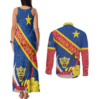 Congo DR Couples Matching Tank Maxi Dress and Long Sleeve Button Shirt Coat Of Arms Leopard Pattern - Wonder Print Shop