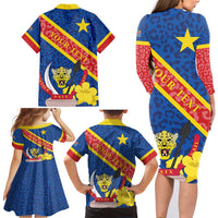 Congo DR Family Matching Long Sleeve Bodycon Dress and Hawaiian Shirt Coat Of Arms Leopard Pattern - Wonder Print Shop