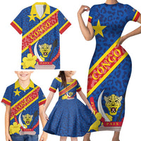 Congo DR Family Matching Short Sleeve Bodycon Dress and Hawaiian Shirt Coat Of Arms Leopard Pattern - Wonder Print Shop