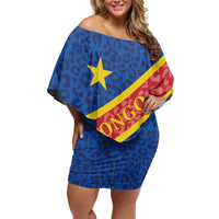 Congo DR Off Shoulder Short Dress Coat Of Arms Leopard Pattern - Wonder Print Shop