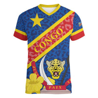 Congo DR Women V-Neck T-Shirt Coat Of Arms Leopard Pattern - Wonder Print Shop