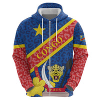 Congo DR Zip Hoodie Coat Of Arms Leopard Pattern - Wonder Print Shop