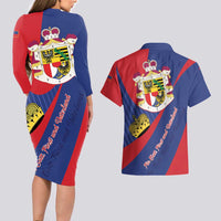 Liechtenstein Couples Matching Long Sleeve Bodycon Dress and Hawaiian Shirt Coat Of Arms Blue Red Color - Wonder Print Shop