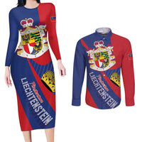 Liechtenstein Couples Matching Long Sleeve Bodycon Dress and Long Sleeve Button Shirt Coat Of Arms Blue Red Color - Wonder Print Shop
