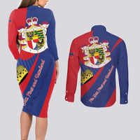 Liechtenstein Couples Matching Long Sleeve Bodycon Dress and Long Sleeve Button Shirt Coat Of Arms Blue Red Color - Wonder Print Shop