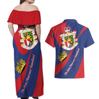 Liechtenstein Couples Matching Off Shoulder Maxi Dress and Hawaiian Shirt Coat Of Arms Blue Red Color - Wonder Print Shop