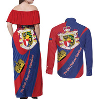 Liechtenstein Couples Matching Off Shoulder Maxi Dress and Long Sleeve Button Shirt Coat Of Arms Blue Red Color - Wonder Print Shop