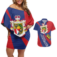 Liechtenstein Couples Matching Off Shoulder Short Dress and Hawaiian Shirt Coat Of Arms Blue Red Color - Wonder Print Shop