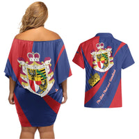 Liechtenstein Couples Matching Off Shoulder Short Dress and Hawaiian Shirt Coat Of Arms Blue Red Color - Wonder Print Shop
